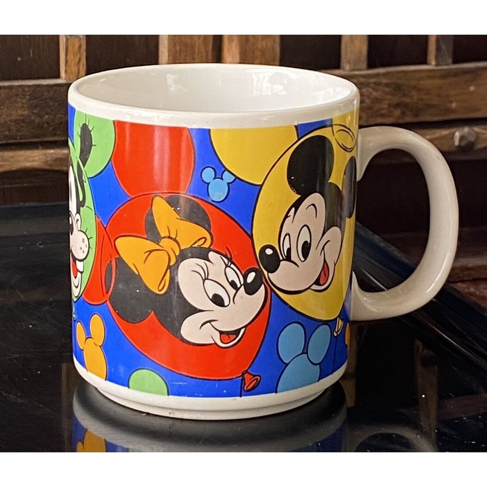 Vintage Disney Mickey Minnie Donald Goofy Pluto Balloon Coffee Mug Korea Ceramic